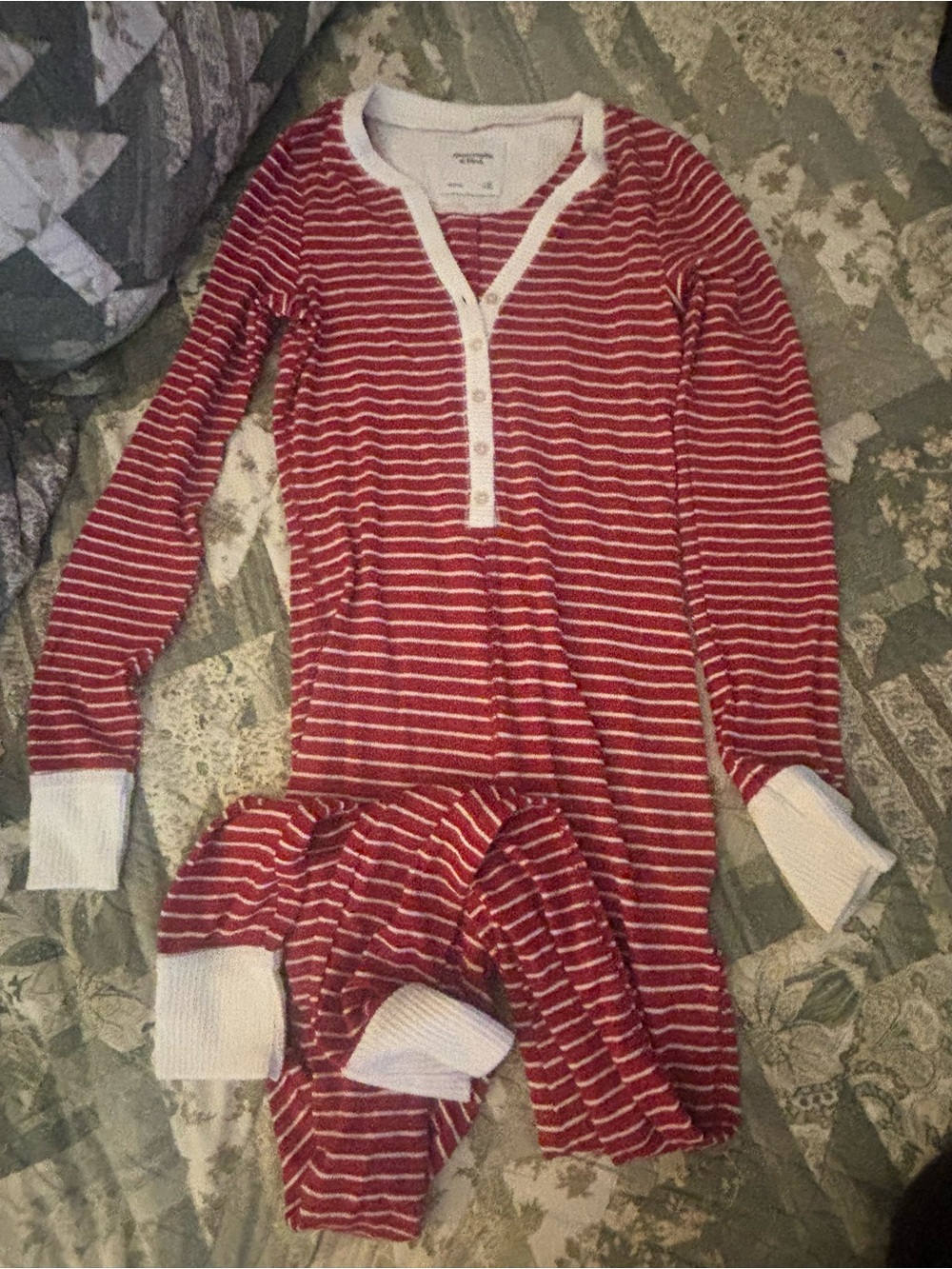 Abercrombie & Fitch Red and White Striped Long-Sleeve Henley Pajama Set